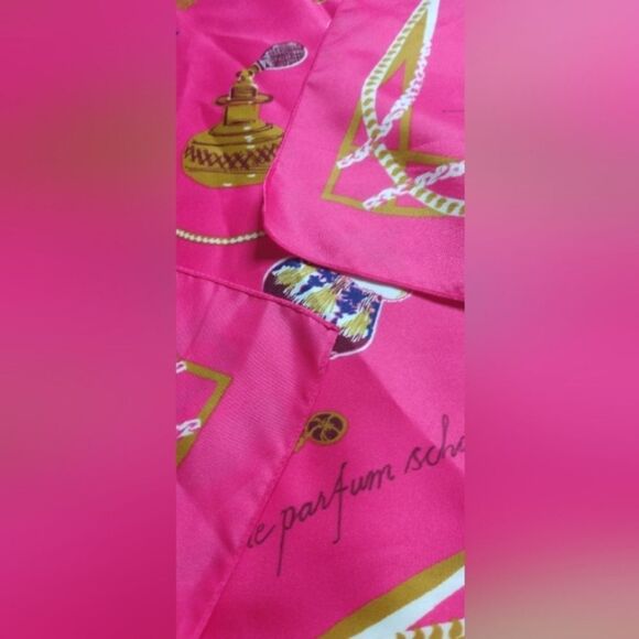 Vibrant Hot Pink Scarf with Vintage Perfume Bottles Large - Picture 12 of 13